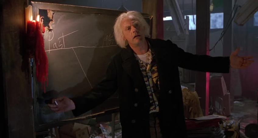 Back to the Future II: "Doc" Brown explains the forked timeline on the blackboard