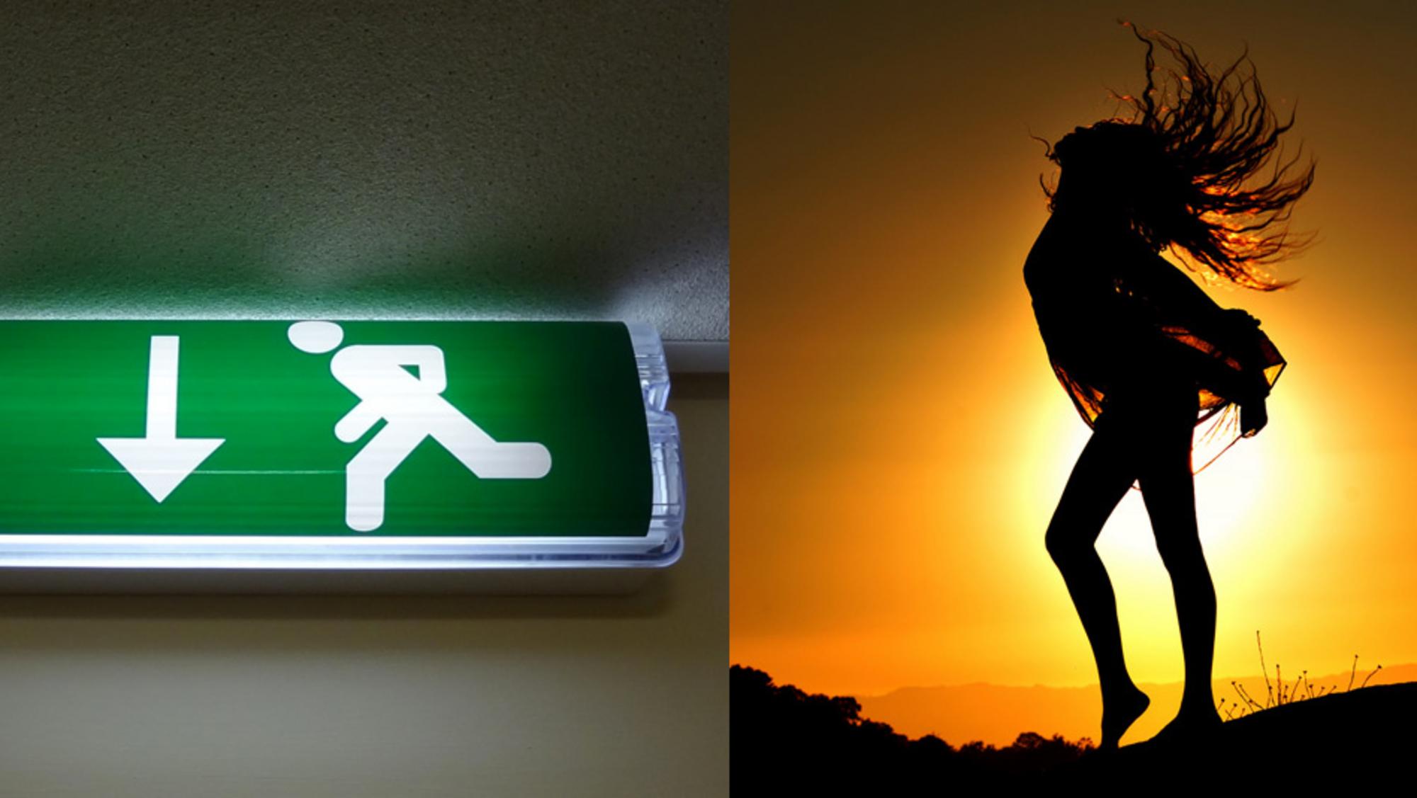 An exit sign, and a dancing woman