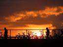 Close-up of a sunset on a slightly cloudy day: the frame is filled with colours from the bright white of the sun, to yellows, oranges, and dark rust-browns of the clouds. In front of it all, in silhouette, is a metal grid fence, with lots of bicycles locked / parked up, and a few people walking or cycling by.